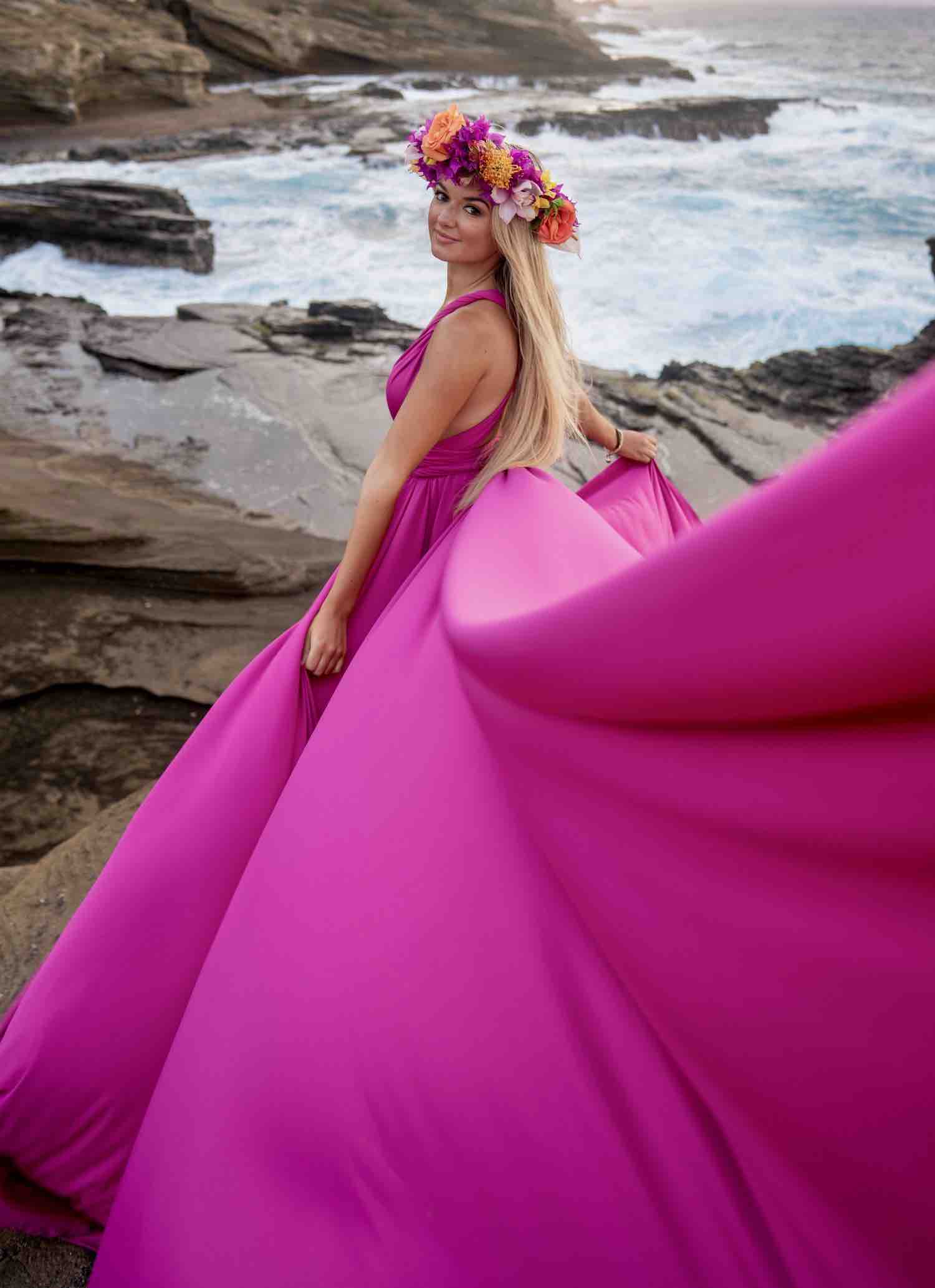 Pink Flying Dress Hawaii Photo Shoot